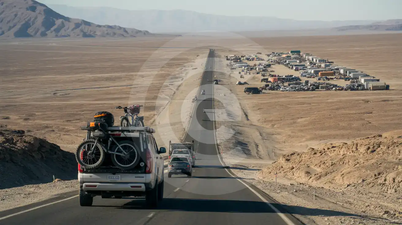 Road approach to a temporary desert festival city in Nevada