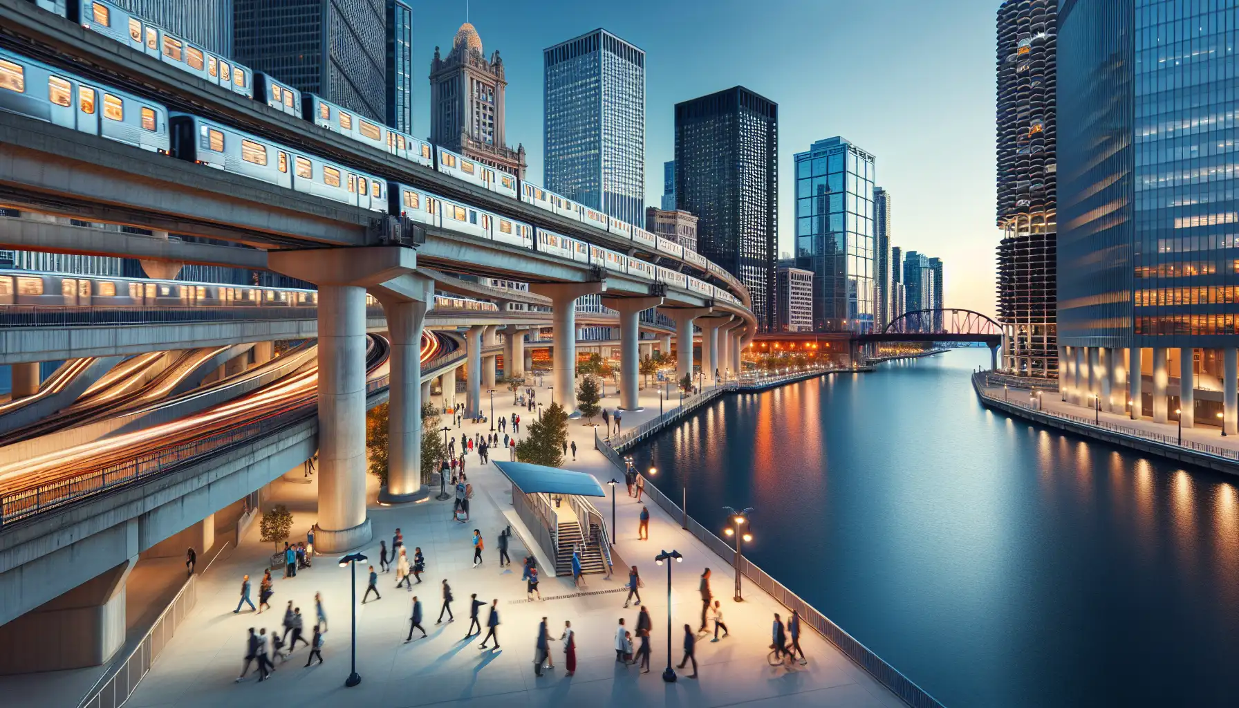 Panorama centrum Chicago z nabrzeżem rzeki, ruchliwymi ulicami i atmosferą nad jeziorem