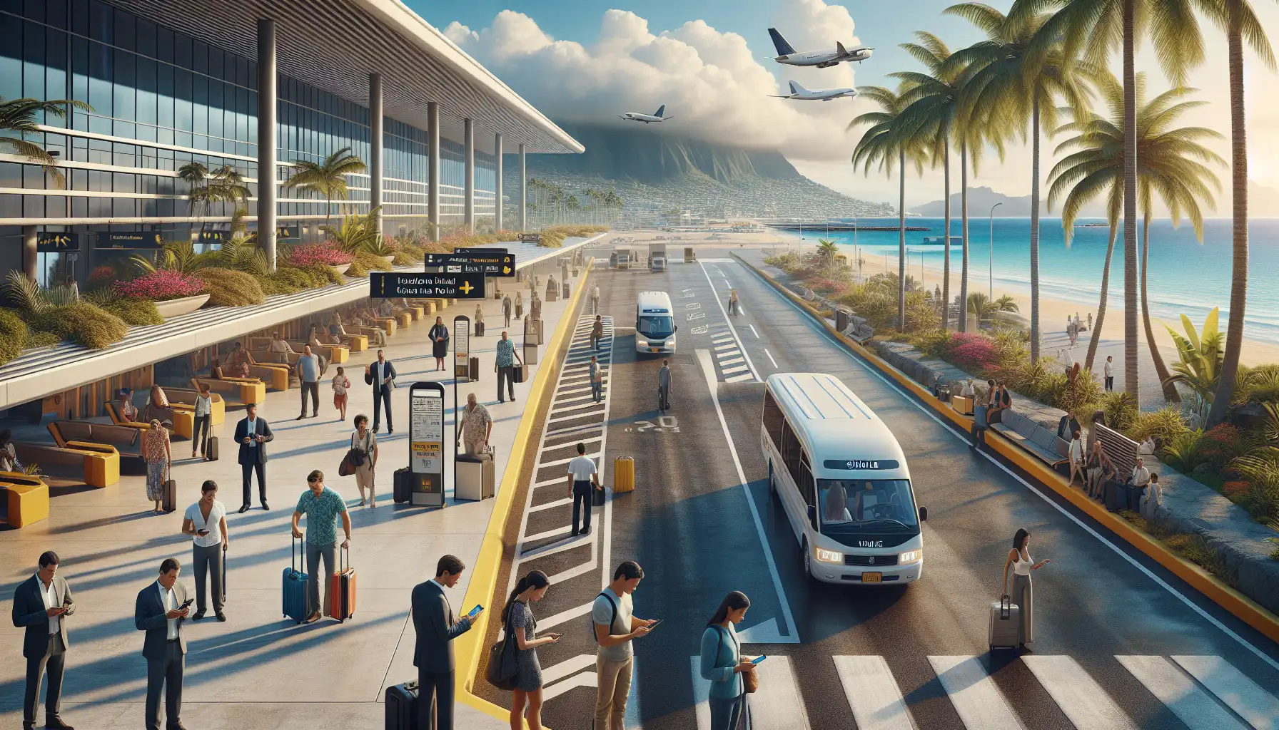 Travelers using phones near the open-air arrival area at Daniel K. Inouye International Airport in Honolulu