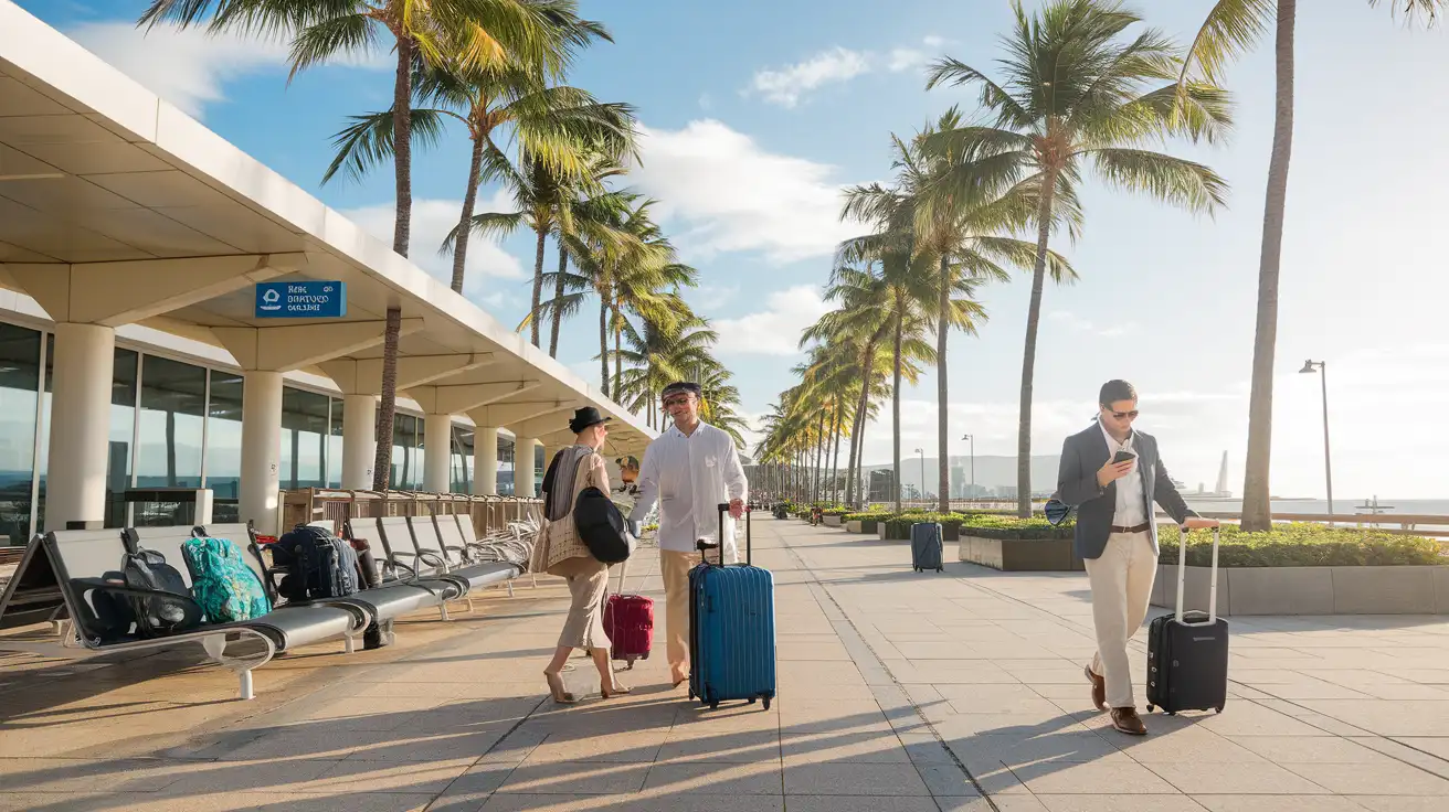 Open-air airport arrival area with travelers checking phones in Honolulu