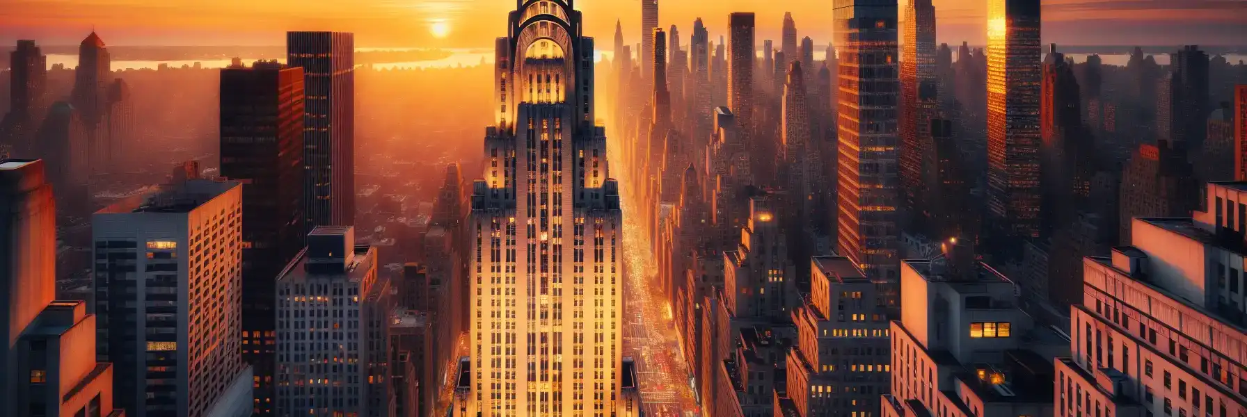 Midtown Manhattan üzerinde yükselen, ışıldayan bir kuleye sahip uzun bir Art Deco gökdelenin akşam görünümü
