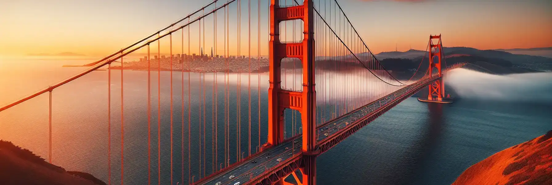 Golden Gate Köprüsü, kulelerin altında sisle ve arka planda San Francisco siluetiyle gün batımında