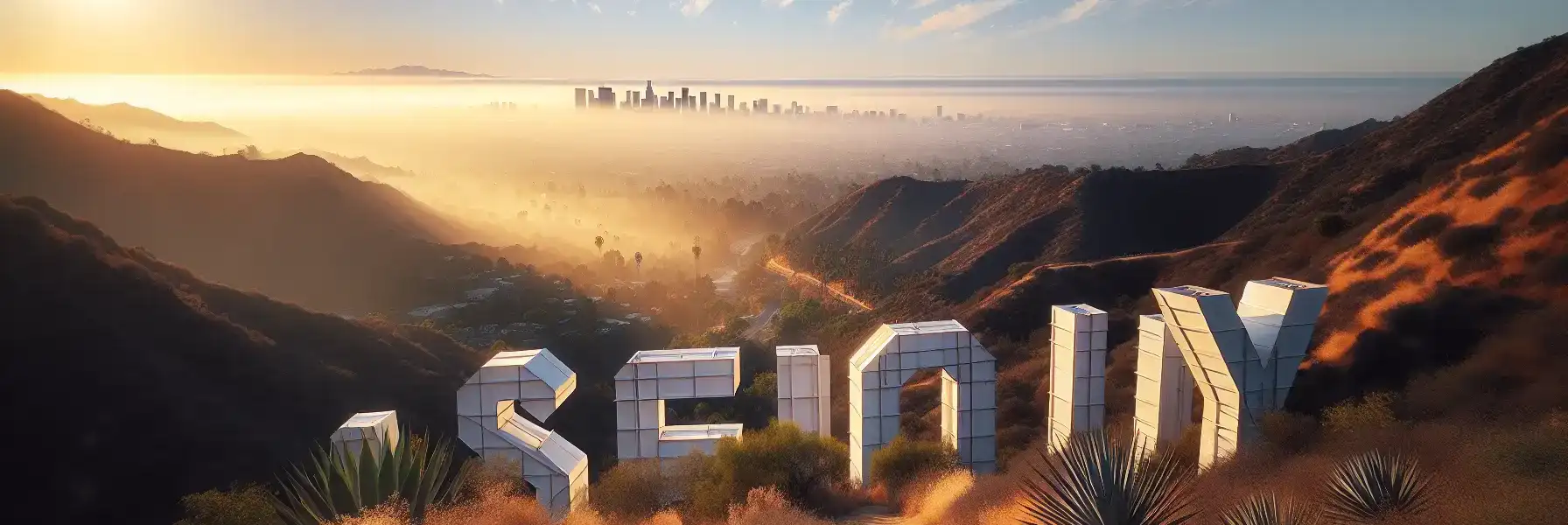 The Hollywood Sign letters illuminated by golden morning light on Mount Lee with chaparral hillside and hiking trail visible in foreground