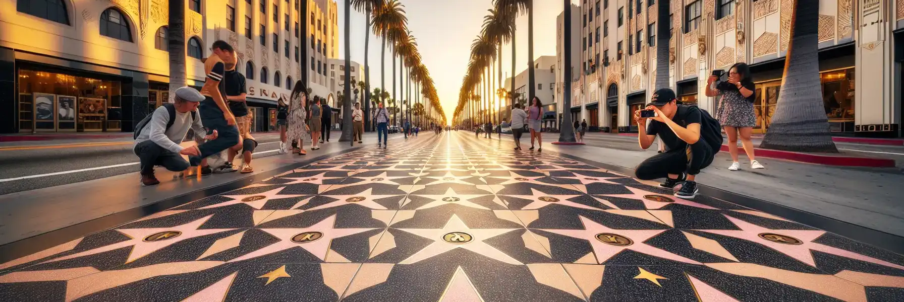 Gwiazdy z terakoty i mosiądzu w chodniku Hollywood Walk of Fame wzdłuż Hollywood Boulevard o złotej godzinie z palmami i budynkami w stylu art déco