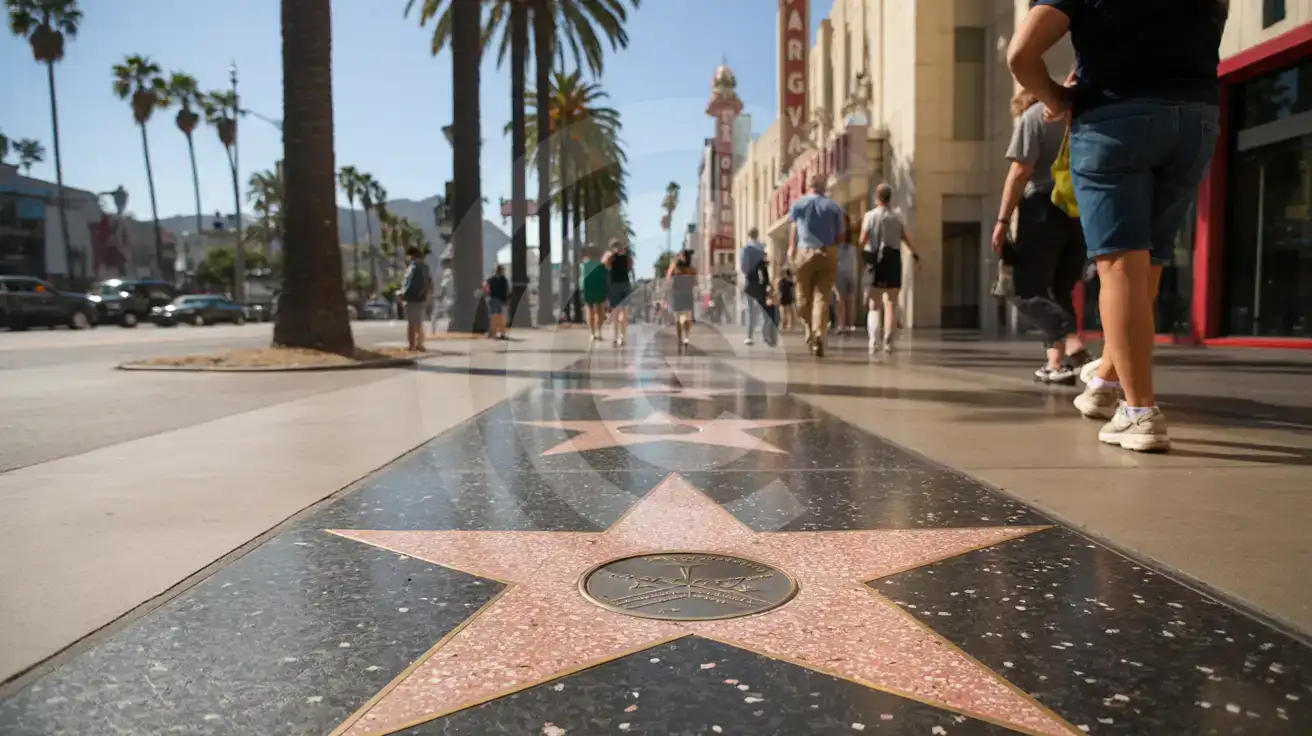 Mosiężne gwiazdy Hollywoodzkiej Alei Gwiazd wtopione w różowy chodnik z terazzo o złotej godzinie, z palmami i zabytkowymi szyldami teatrów w tle