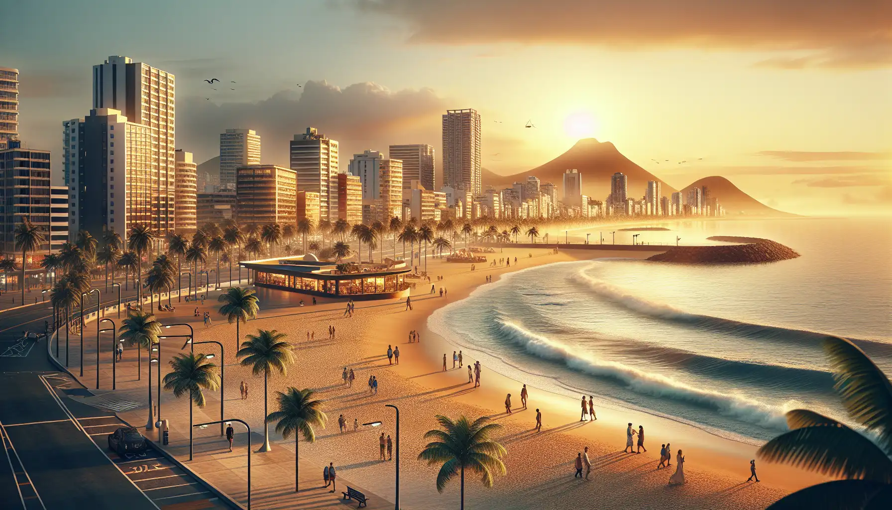 Wybrzeże Honolulu z palmami, promenadą przy plaży i podróżnymi korzystającymi z telefonów nad wodą