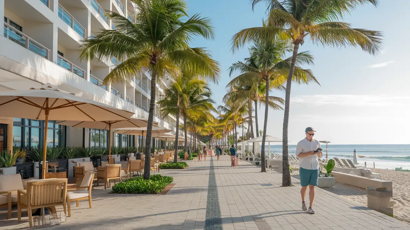 Podróżni korzystający z telefonów przy plaży z palmami w Honolulu