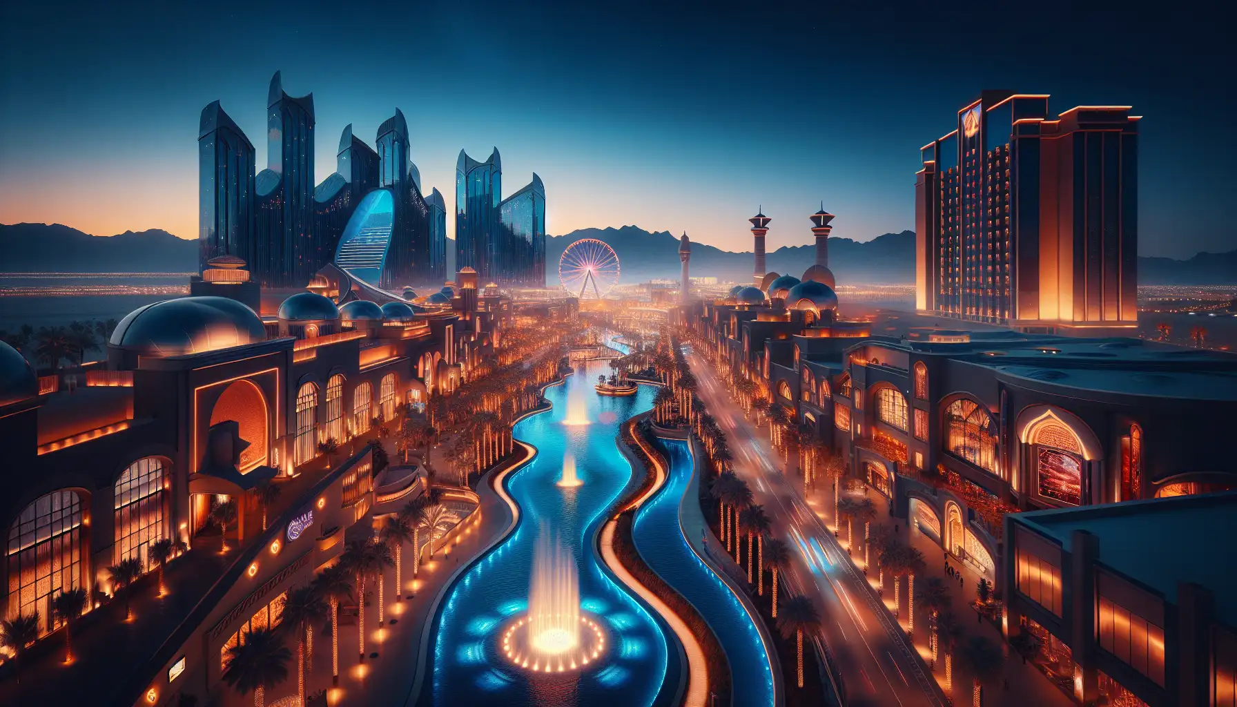 Vedere de seară a Las Vegasului cu lumini strălucitoare, spectacol de fântâni și munți deșertici în depărtare