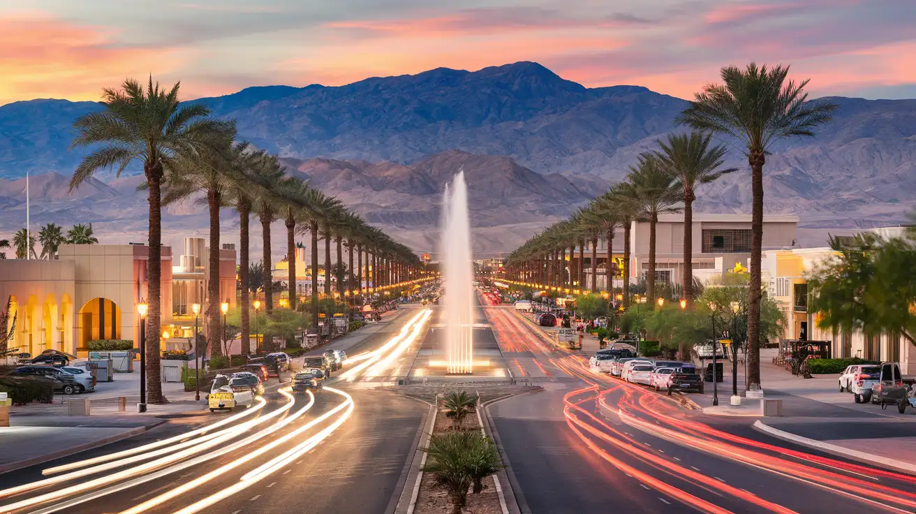 Scenă de seară în Las Vegas cu lumini strălucitoare și spectacol de fântâni