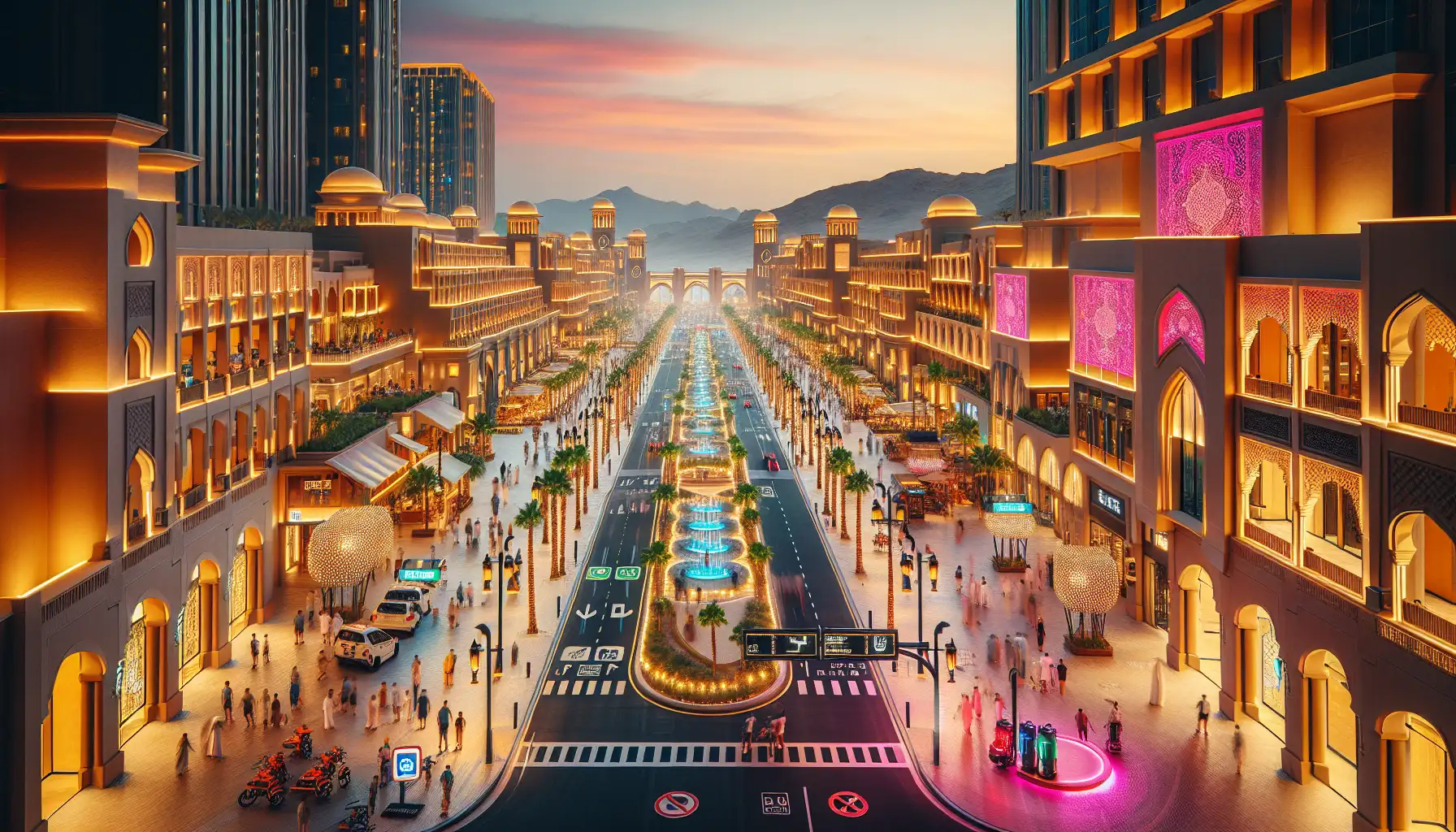 Las Vegas bulvarında akşam manzarası, parlak ışıklar, kalabalıklar ve tatil köyü binaları