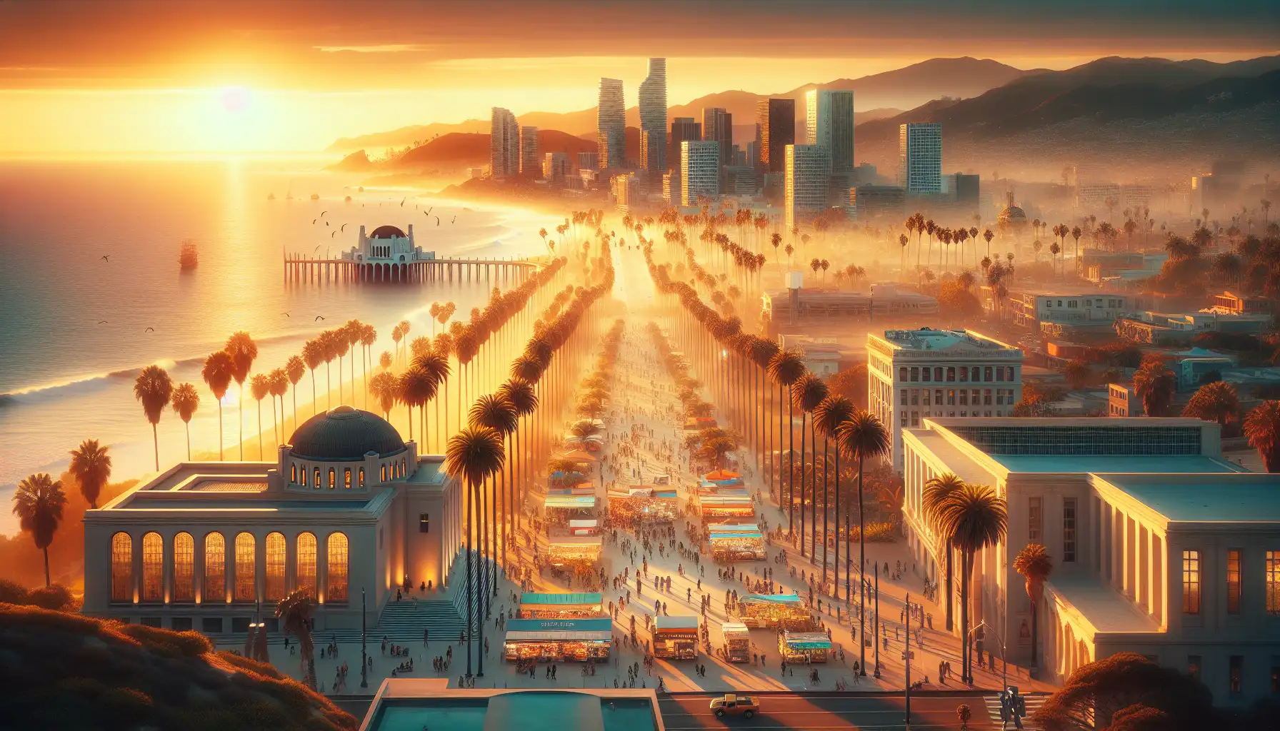 Panoramă Los Angeles cu coline, repere culturale și lumină caldă de seară