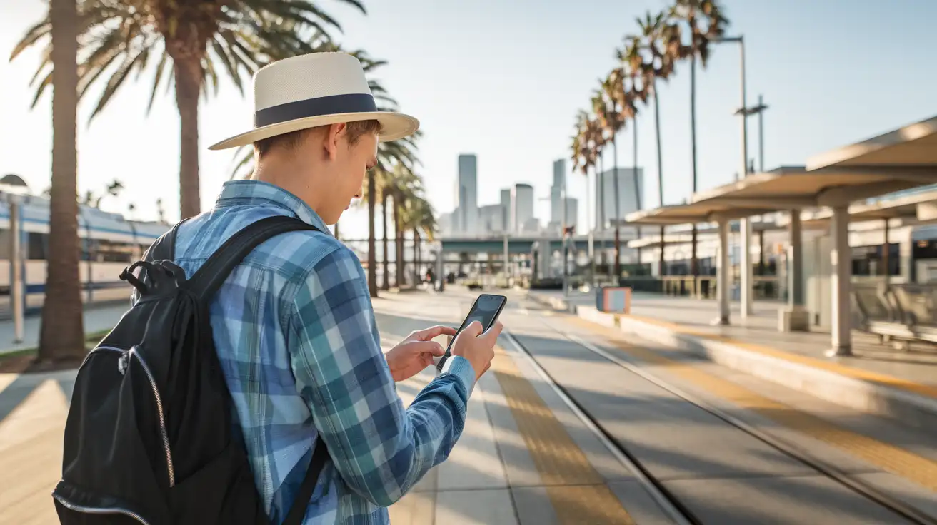 Podróżnik sprawdzający trasę w Los Angeles między przesiadkami a ulicami miasta