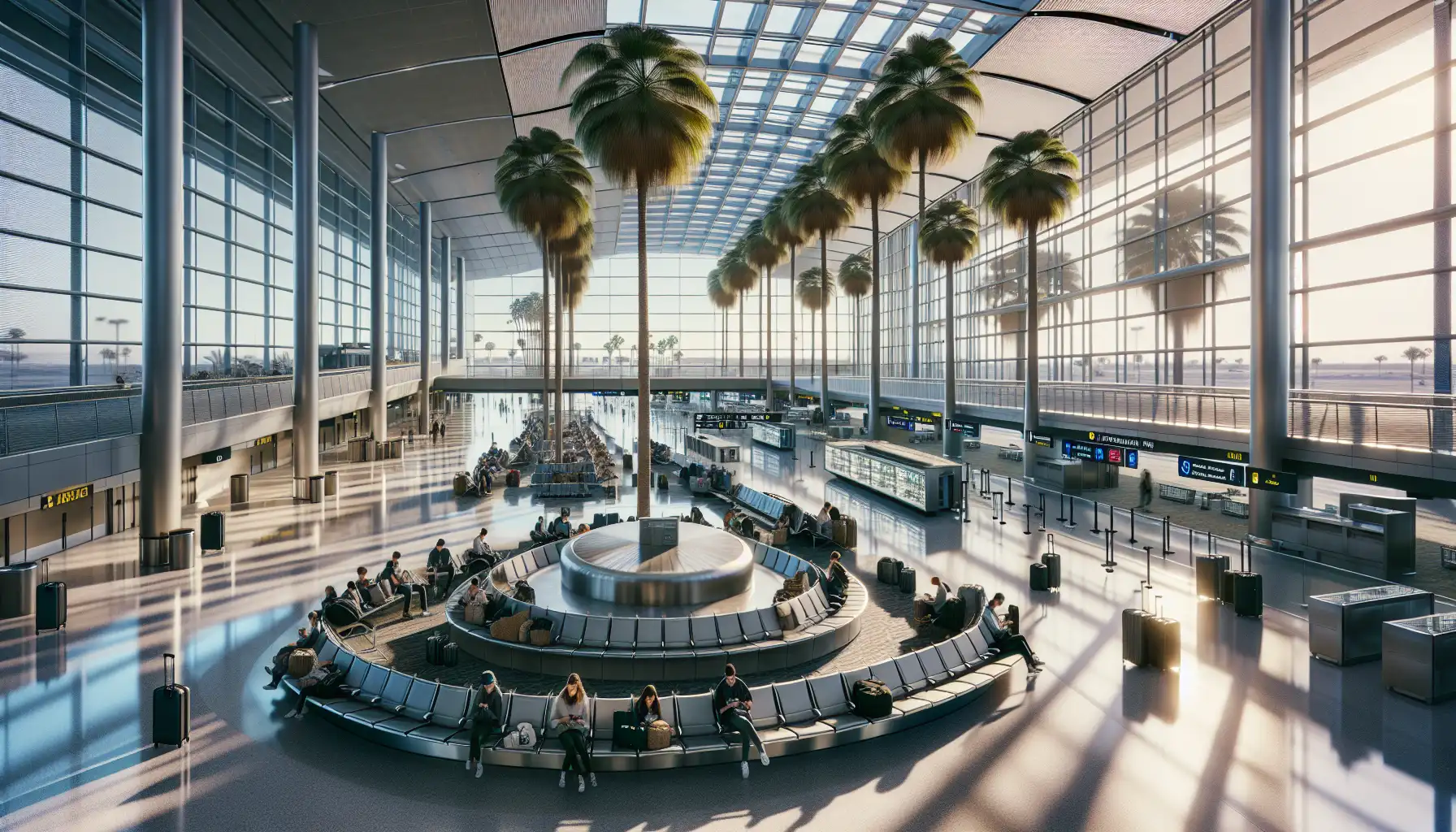 Viajeros usando teléfonos en una luminosa zona de llegadas del Aeropuerto Internacional de Los Ángeles