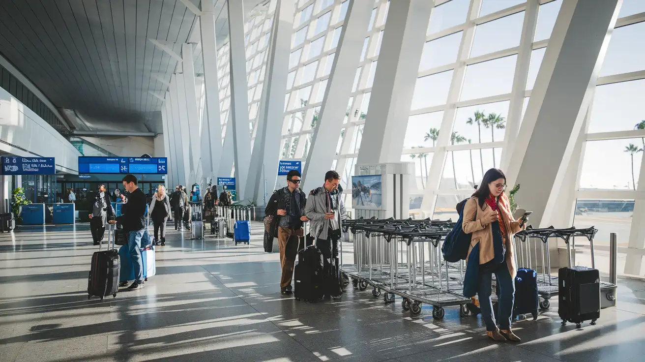 Viajeros revisando sus teléfonos tras llegar a una terminal grande del aeropuerto de Los Ángeles