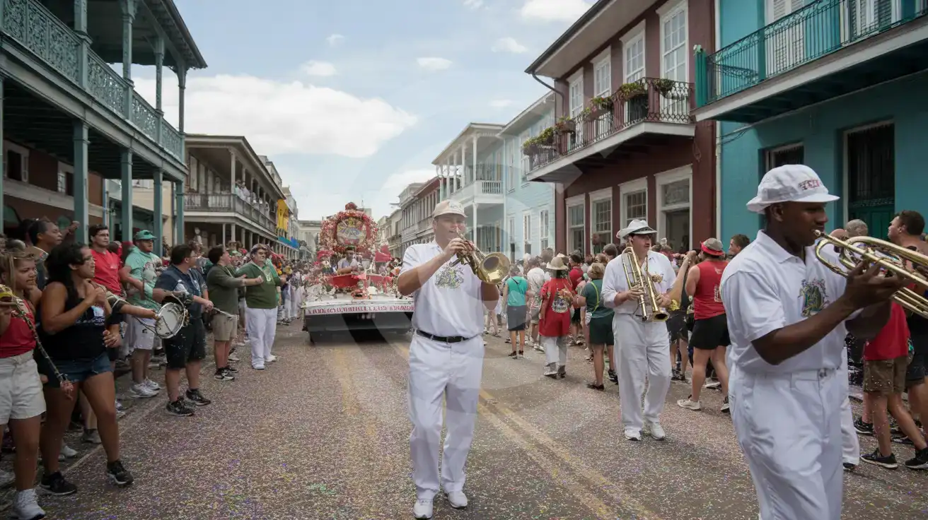 Parade crowd and balconies during a carnival celebration in New Orleans