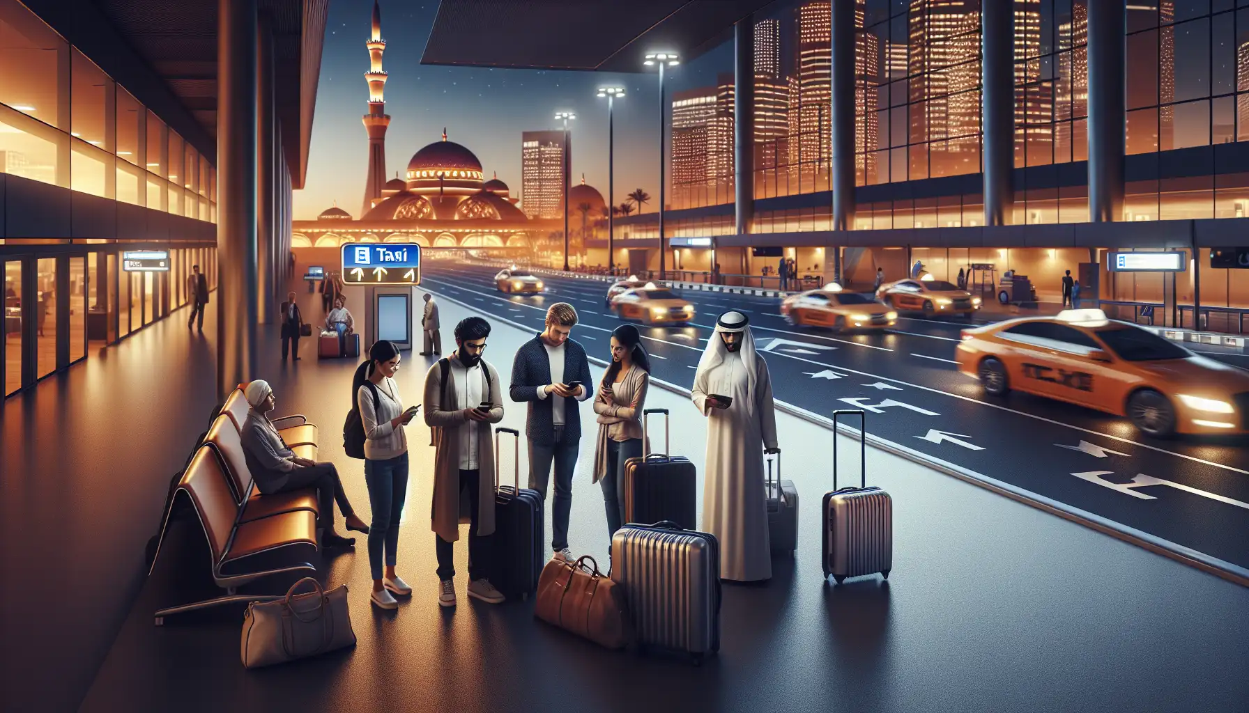 Las Vegas havalimanı varış alanında telefon kullanan yolcular, terminalin ötesinde şehir ışıkları