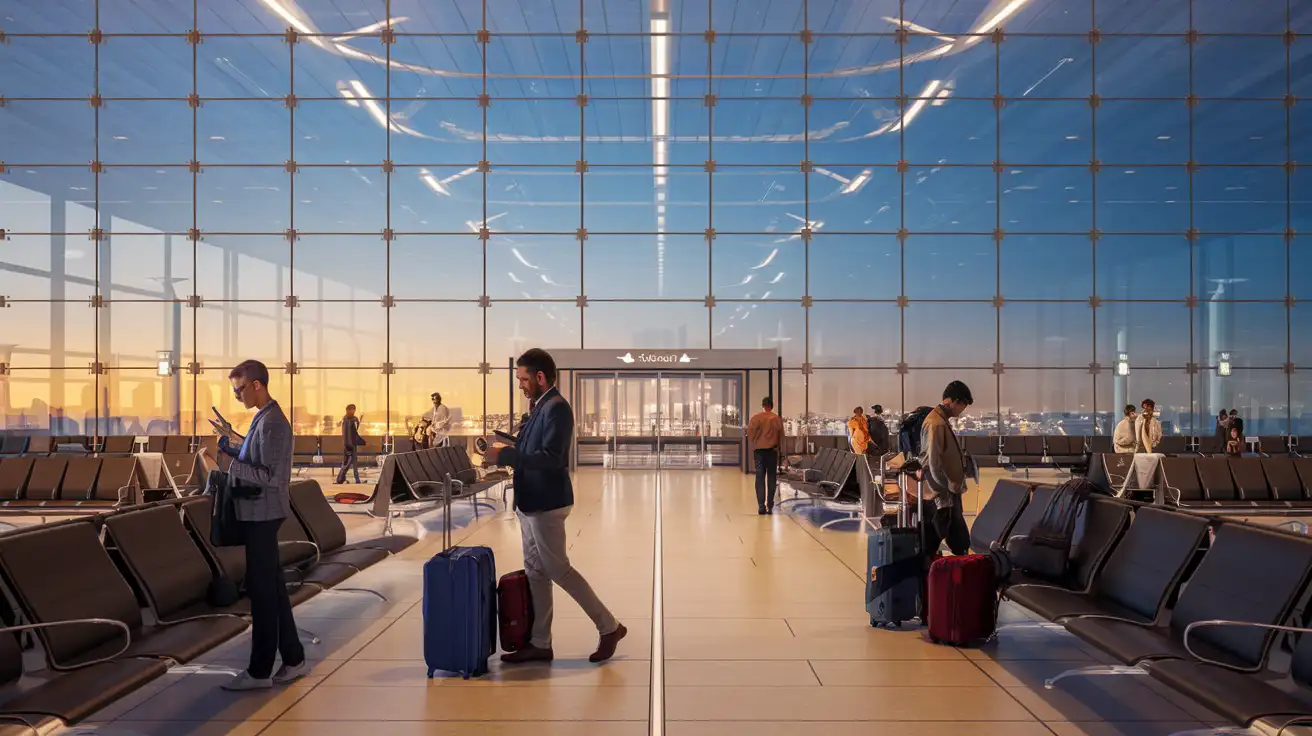 Las Vegas'a gitmeden önce telefonlarını kontrol eden yolcuların bulunduğu havaalanı varış salonu