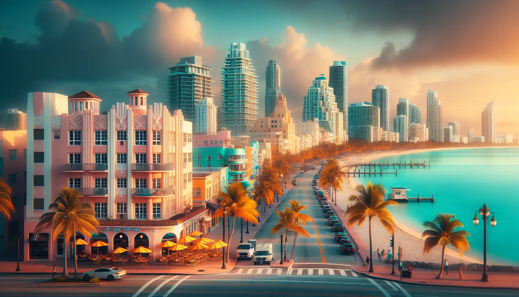 Colorful Miami city scene with palm trees, coastal boulevard, murals, and ocean light