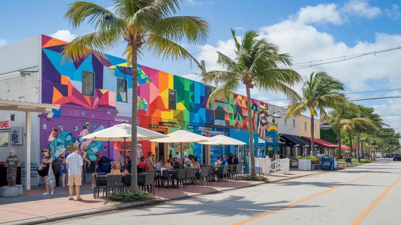 Colorful mural-lined street in Miami with palms and bright afternoon light
