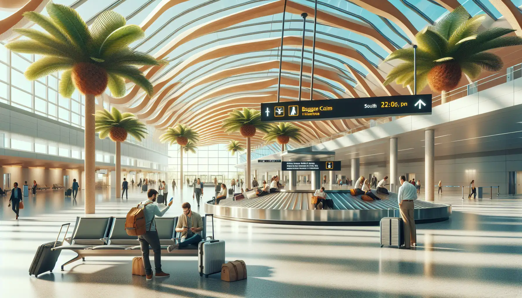 Călători folosind telefoane în zona de sosiri a Aeroportului Internațional Miami