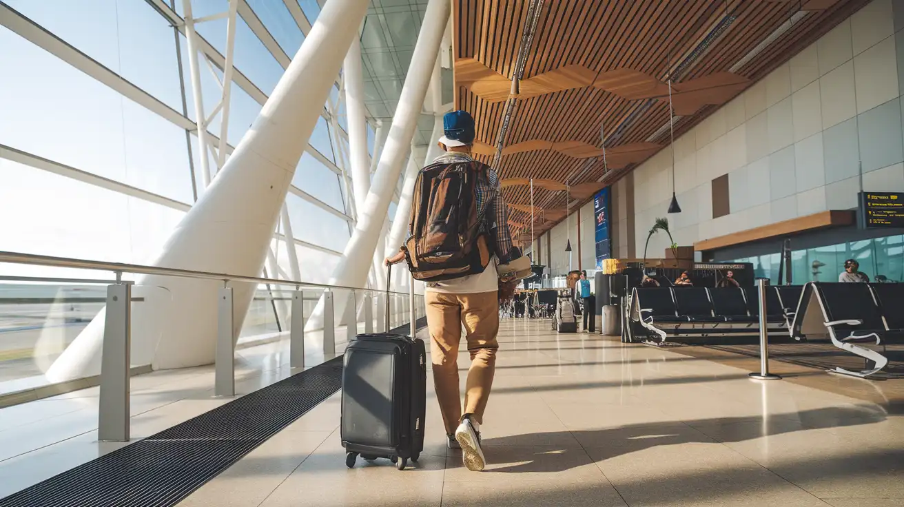 Călător verificând telefonul după aterizarea pe Aeroportul Internațional Miami