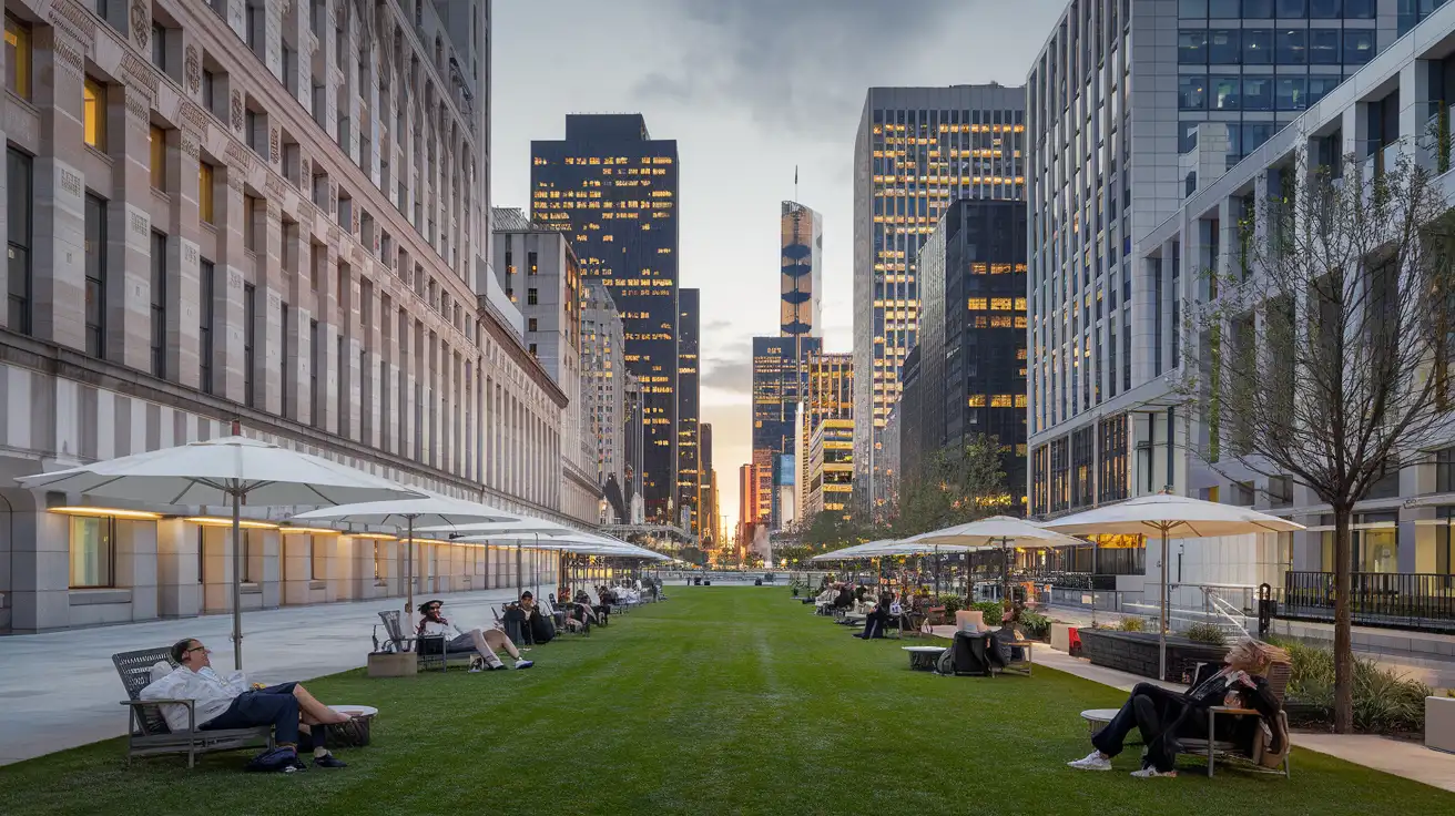 Un spațiu verde în stil Bryant Park, înconjurat de zgârie-nori din Midtown