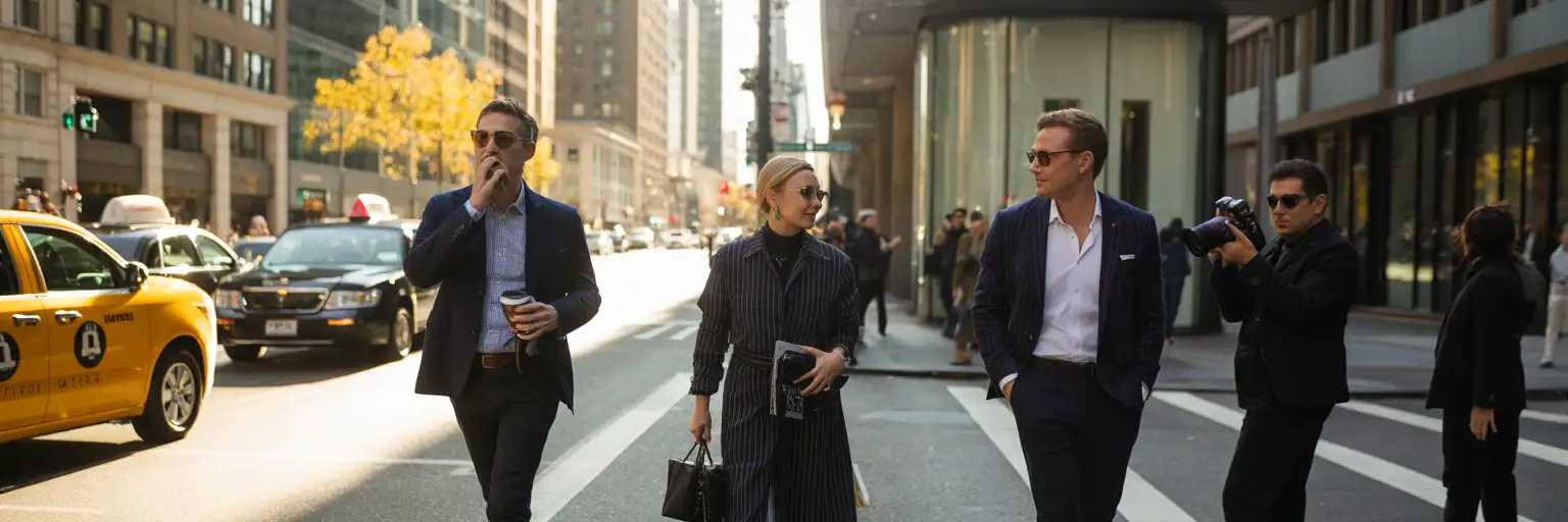 Participants à la semaine de la mode arrivant devant un lieu de défilé au centre-ville de New York en septembre