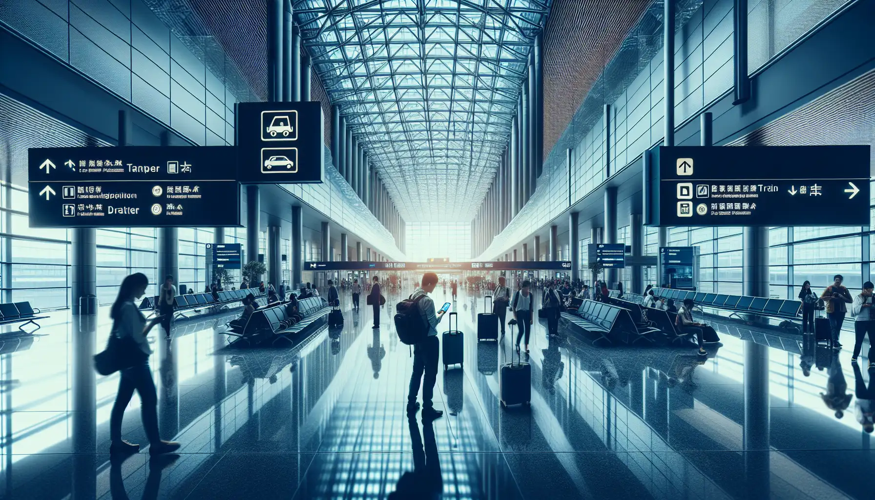 Podróżni na lotnisku O'Hare sprawdzający telefony w pobliżu znaków przylotów i tranzytu