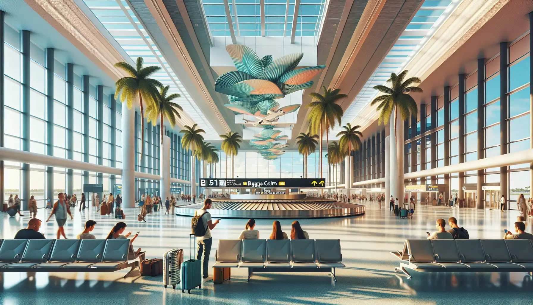 Viajeros usando teléfonos en la zona de llegadas del Aeropuerto Internacional de Orlando