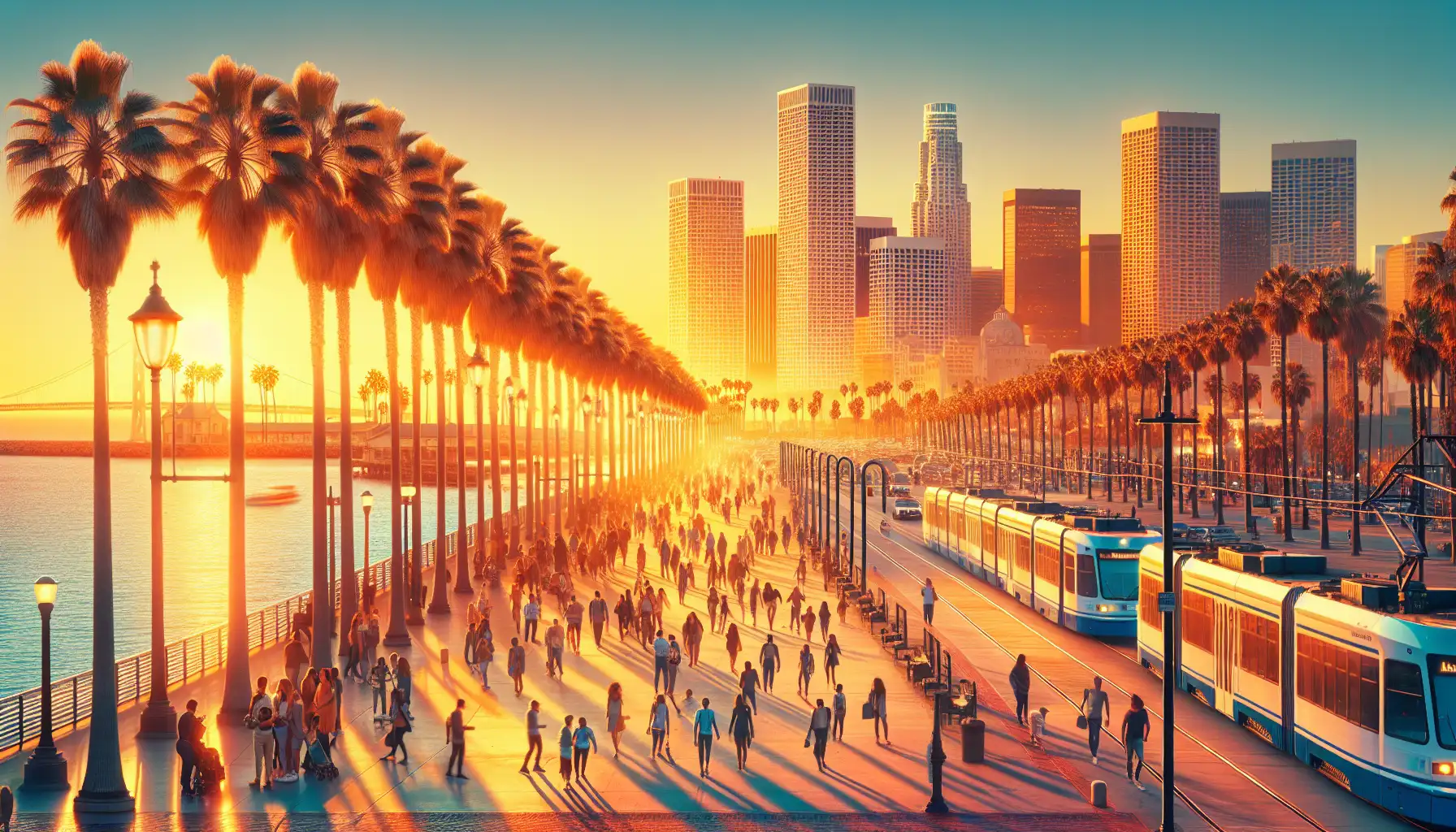 Panorama nabrzeża San Diego z palmami i podróżnymi korzystającymi z telefonów nad zatoką