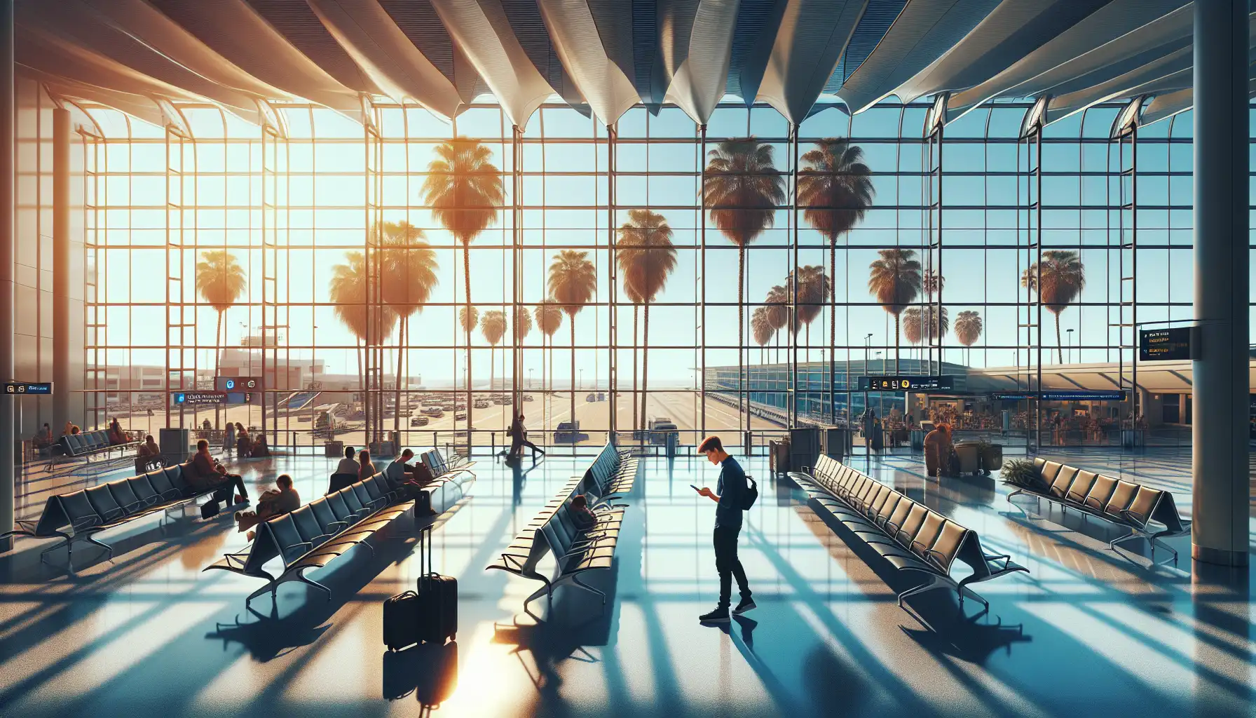 San Diego Uluslararası Havalimanı'nda parlak terminal camlarının yanında telefonlarını kullanan yolcular