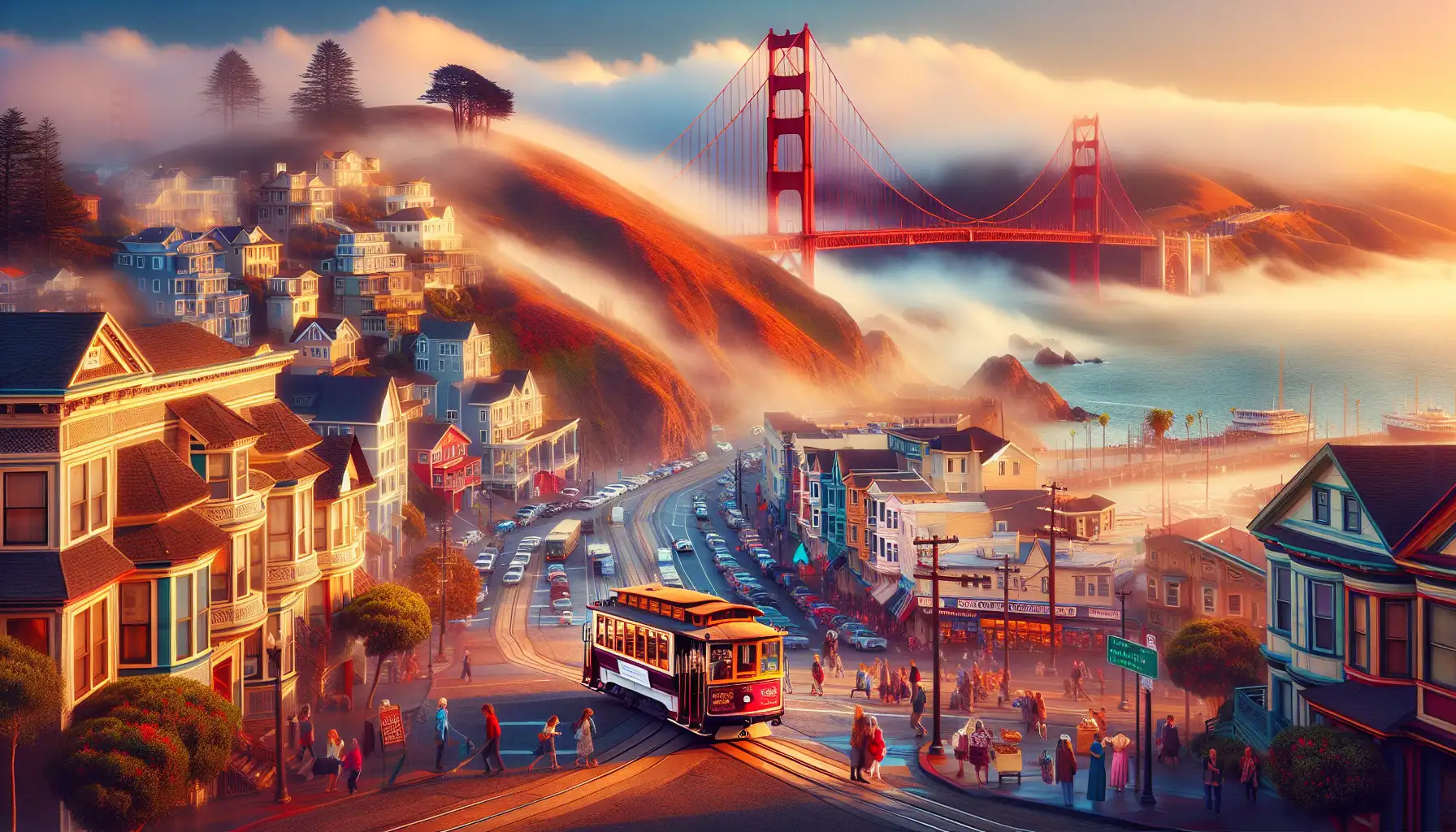 San Francisco cityscape with bay views, steep streets, cable car tracks, and fog near the bridge