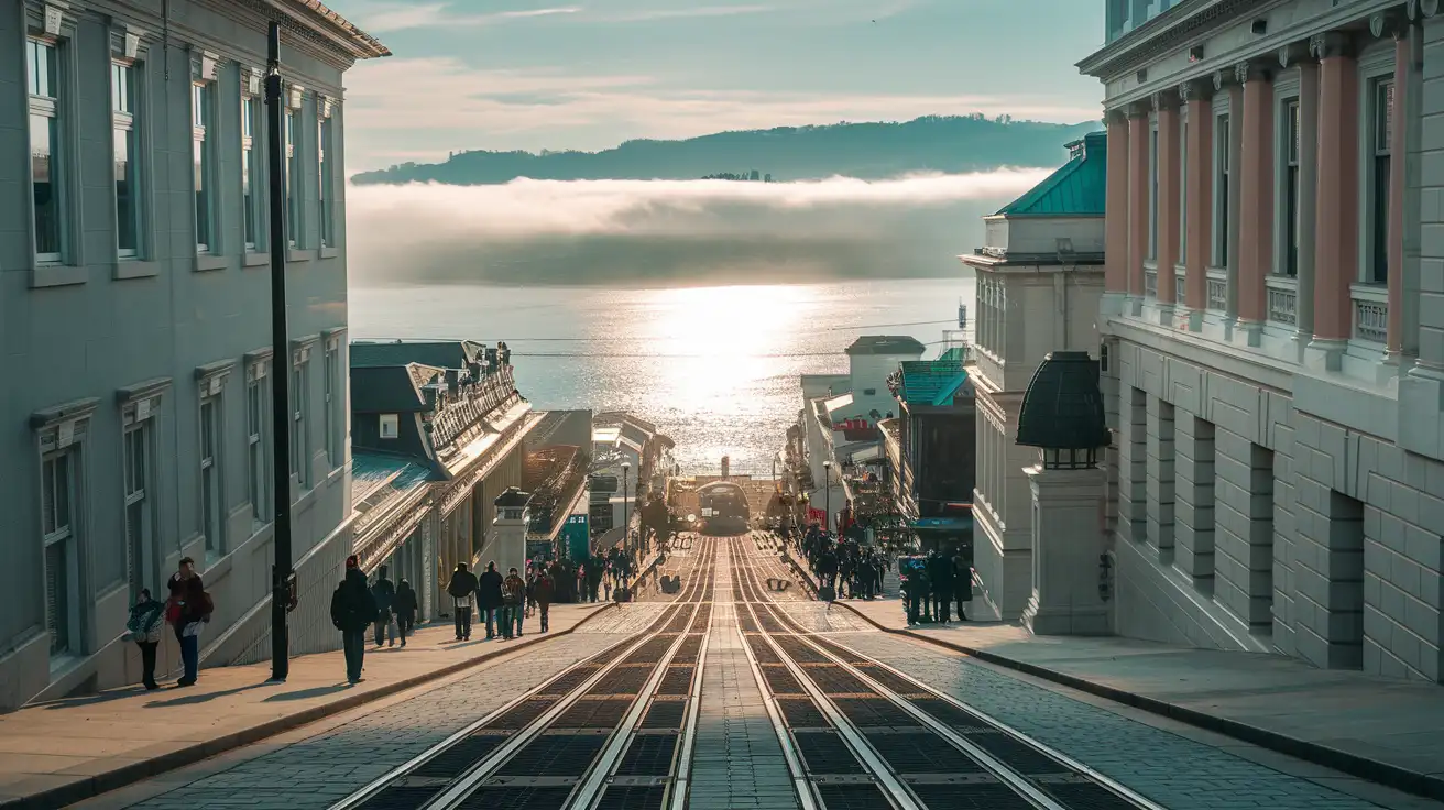 Steep San Francisco street leading toward the bay with fog and evening light