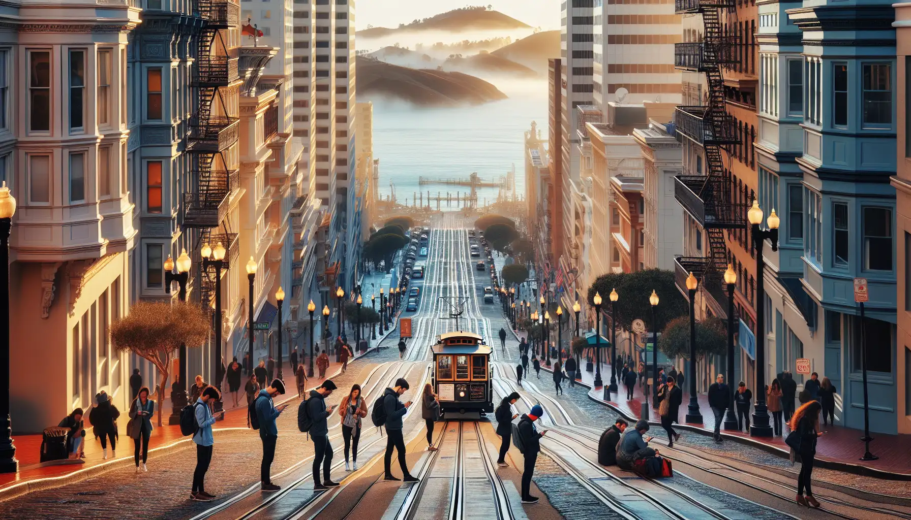 San Francisco street with bay views and travelers checking phones near the waterfront