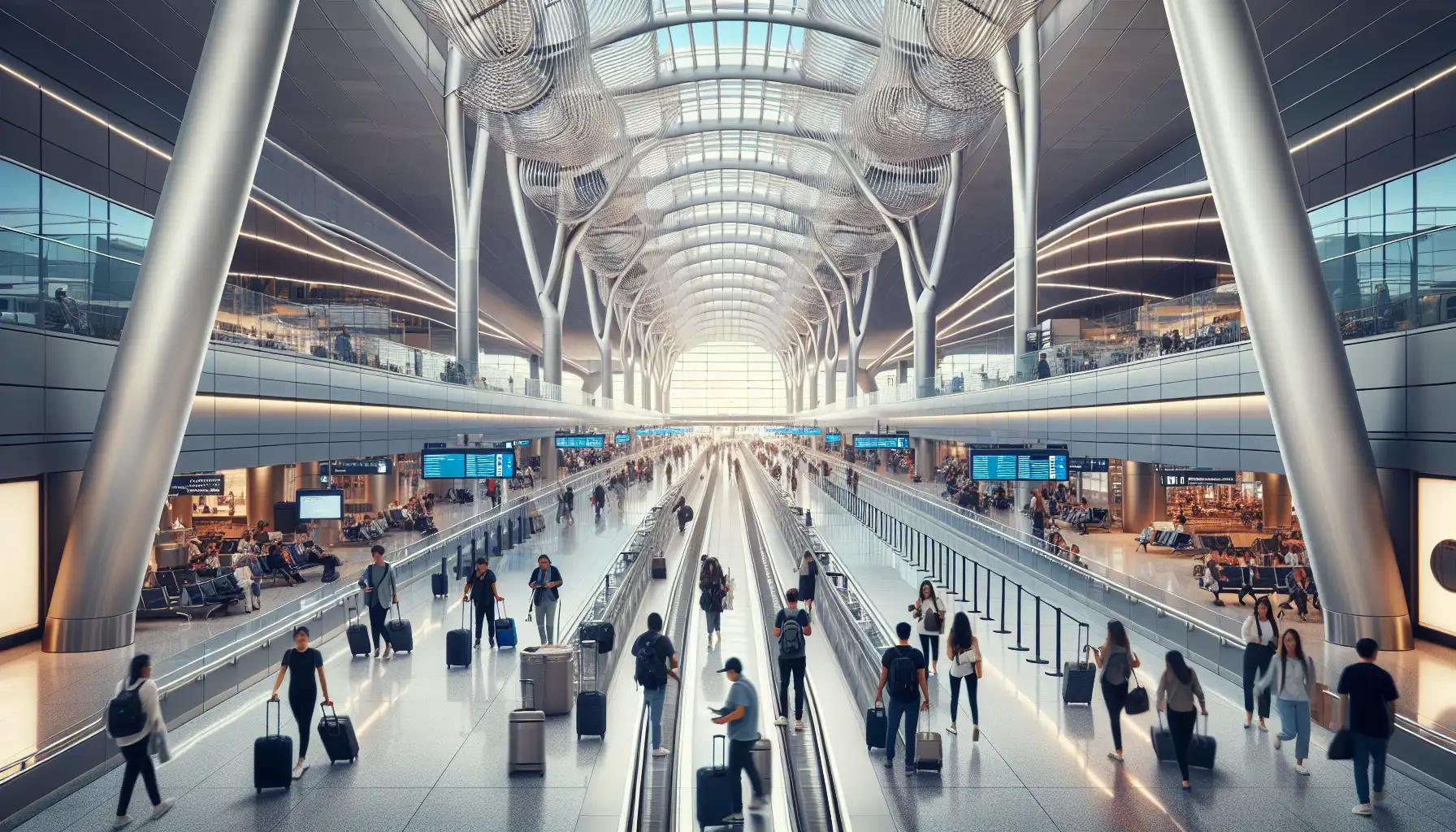 Viajeros en el Aeropuerto Internacional de San Francisco revisando sus teléfonos cerca de una conexión ferroviaria del aeropuerto