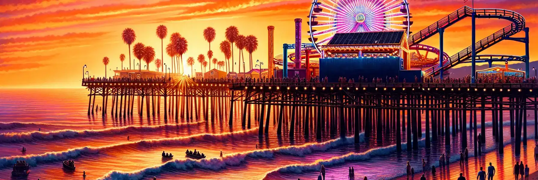 Santa Monica Pier at sunset with the Pacific Wheel Ferris wheel illuminated against a colorful sky over the Pacific Ocean