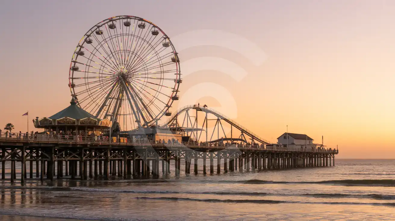 Santa Monica Pier at golden hour with the Pacific Wheel Ferris wheel and Pacific Ocean views
