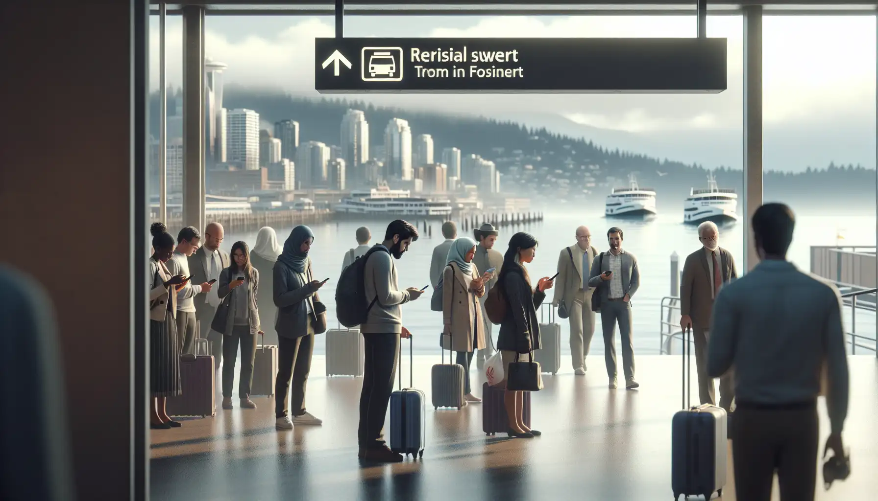 Traveler using a phone at Seattle airport while planning onward transport into the city