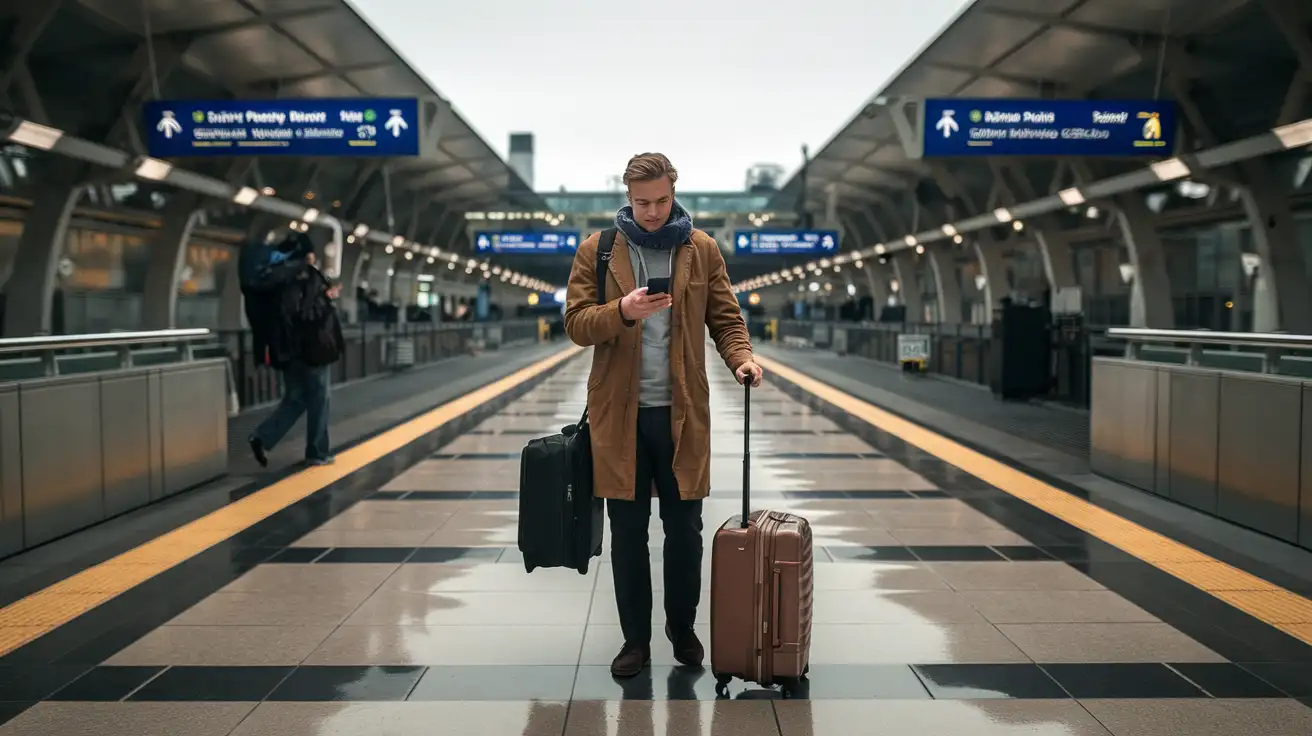Traveler checking phone connection options near airport transit in Seattle