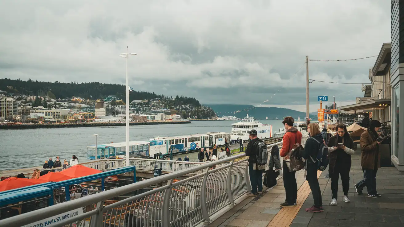 Viajeros cerca del paseo marítimo y la zona de ferris de Seattle usando sus teléfonos para obtener direcciones