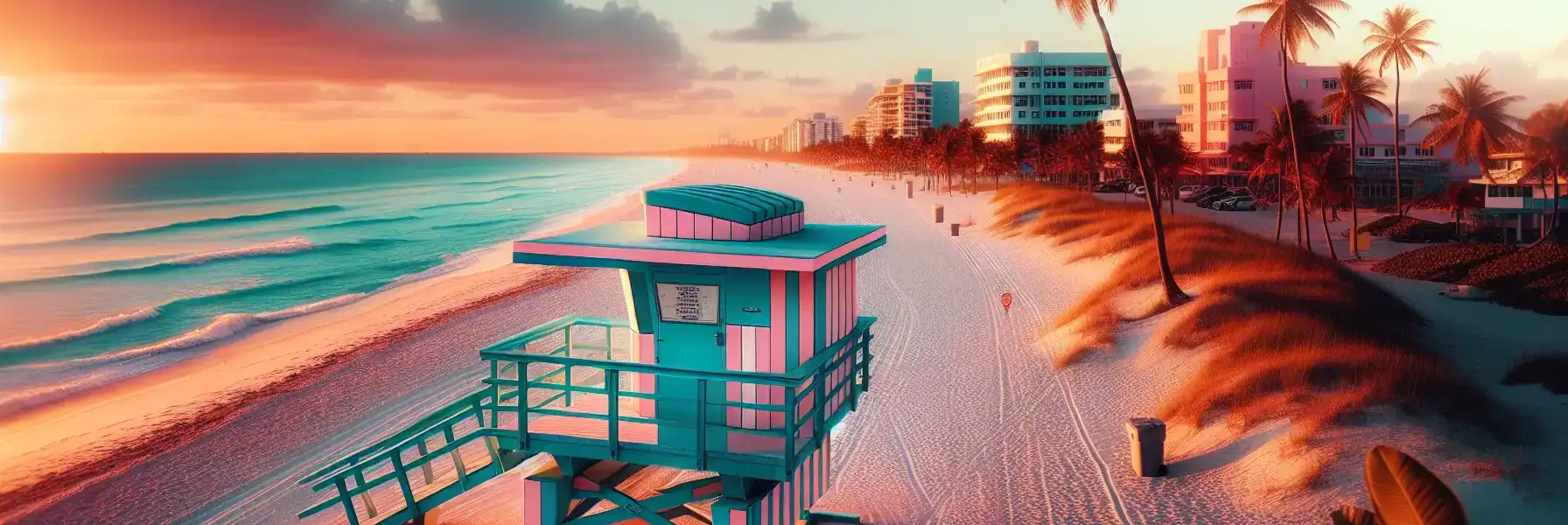 Kolorowa wieża ratownicza w stylu Art Deco na South Beach o złotej godzinie z palmami i pastelowymi budynkami w tle