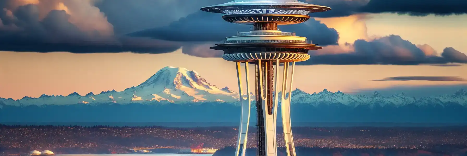 The Space Needle observation tower rising above Seattle Center at golden hour with Mount Rainier visible in the distance and Elliott Bay stretching to the horizon