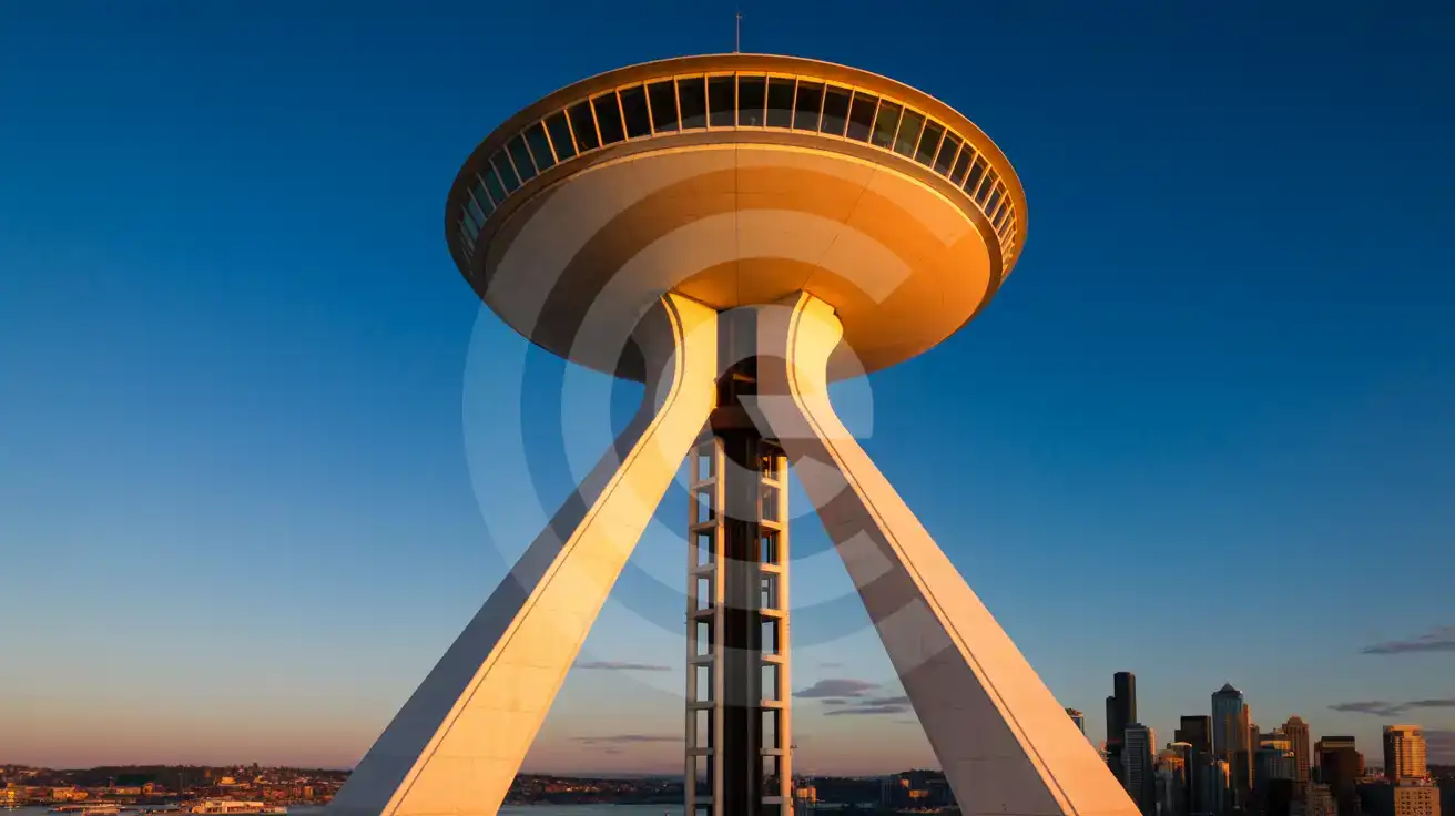 The Space Needle observation tower illuminated by golden hour light with Seattle's skyline in the background