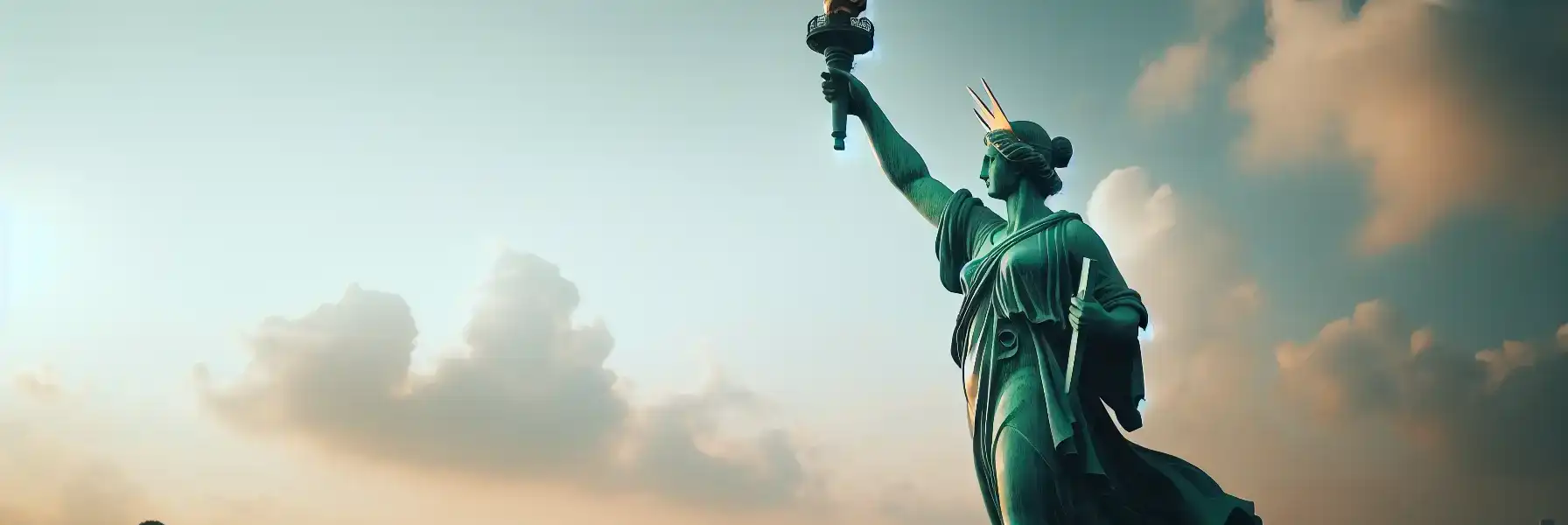 New York Limanı'ndan Manhattan silüeti arka planda, altın öğleden sonra ışığında görülen Özgürlük Heykeli