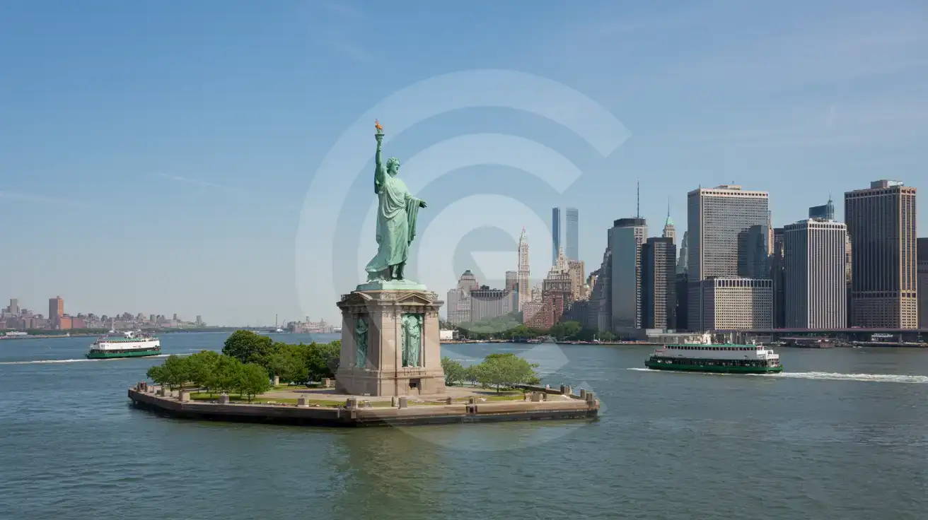 Liberty Adası'ndaki Özgürlük Heykeli, karşısında Manhattan silüetiyle New York Limanı'nda