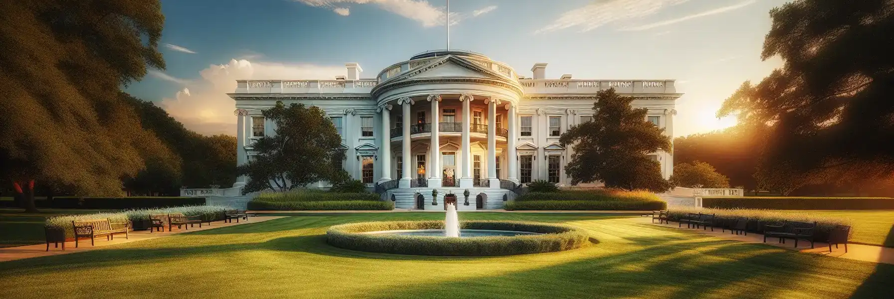 Pórtico Norte de la Casa Blanca con entrada columnada y bandera estadounidense al atardecer
