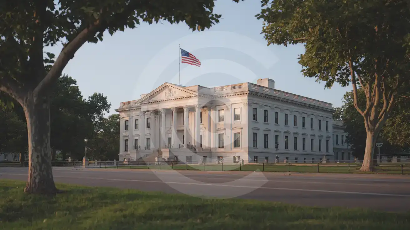 Vista de la Fachada Norte de la Casa Blanca desde Lafayette Square al atardecer, con pórtico con columnas y la bandera estadounidense