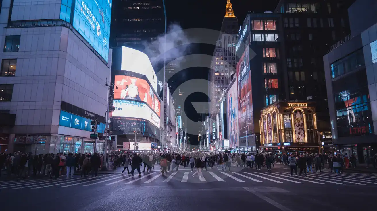 Times Square noaptea, cu panouri publicitare iluminate, mulțimi și afișe teatrale reflectându-se pe piața pietonală