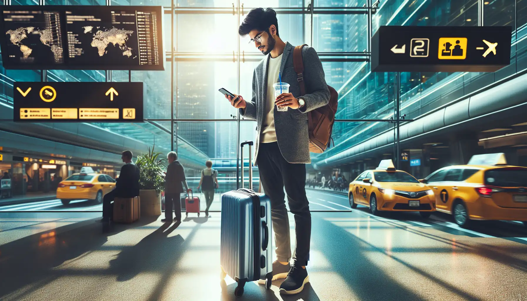Traveler checking mobile internet options in a United States airport arrivals area