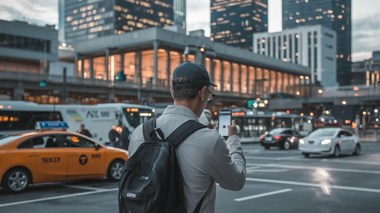 Traveler using mobile data outside a major train station in the United States